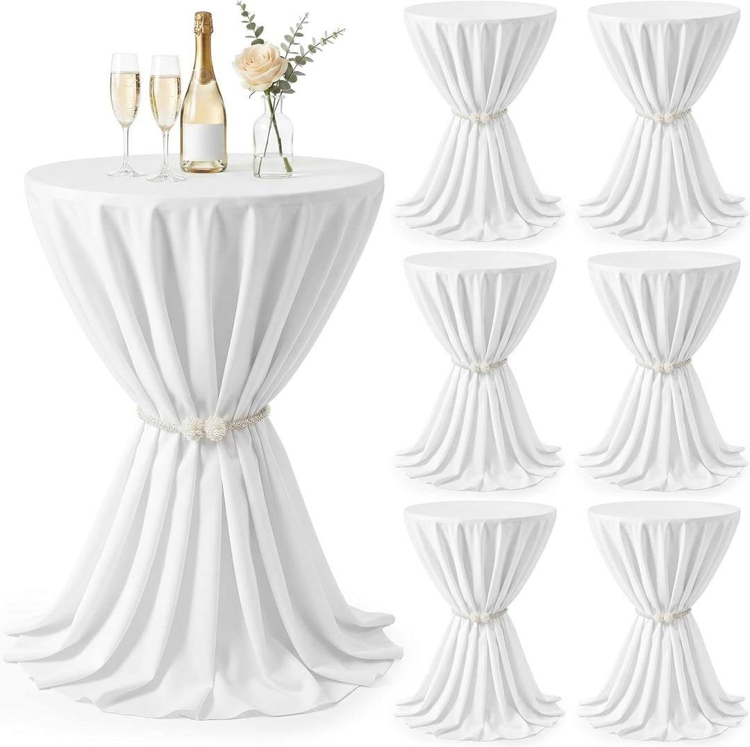 Moukeren 6 Pack Cocktail Table Covers with Magnetic Buckle, 5ft x 5ft Round Cocktail Tablecloth Tables Skirt for High Top for Wedding Party Banquet Bar Reception Decoration White
