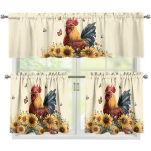 Rooster Sunflower Kitchen Curtains 3 Piece Set Tier Curtains and Valance Set Rustic Kitchen Drapes Light Filtering Country Window Drapes Easy Install Rod Pocket Room Drapes