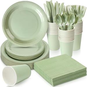 Dandat 350 Pcs Bridal Shower Decorations Baby Shower Party Supplies Include Plates Cups and Napkins Sets with Plastic Forks Knives Spoons for Wedding Birthday (Sage)