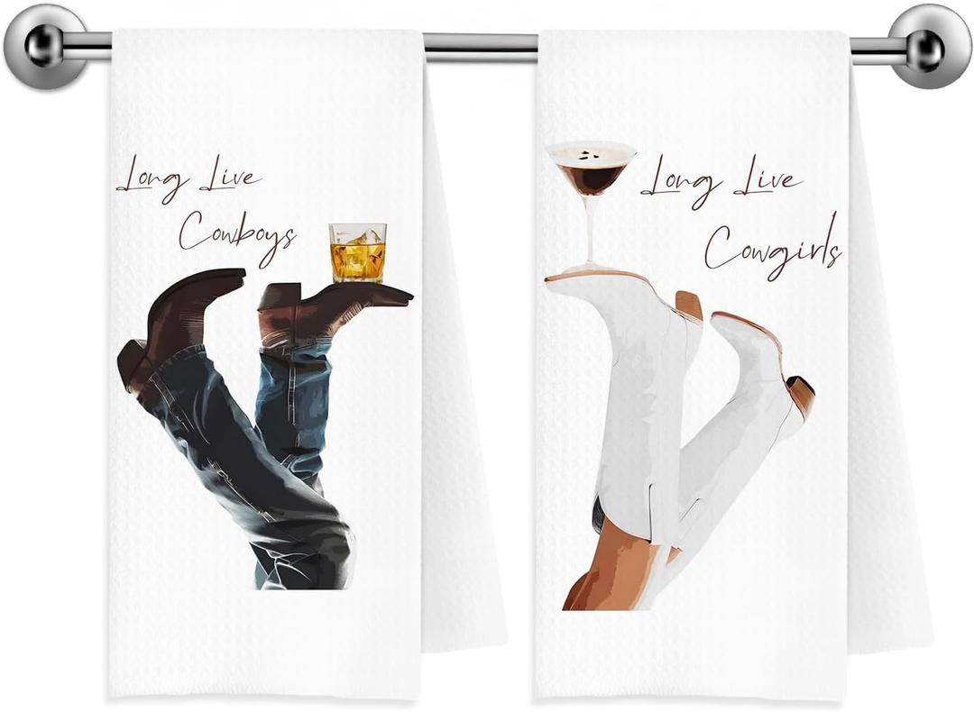 Western Cocktail Kitchen Towels, Gifts for Whiskey Lovers, Espresso Martini Gifts, Long Live Cowgirls Cowboys Decorative Dish Tea Hand Towels for Kitchen, 16x24 Inch Set of 2 longlive2
