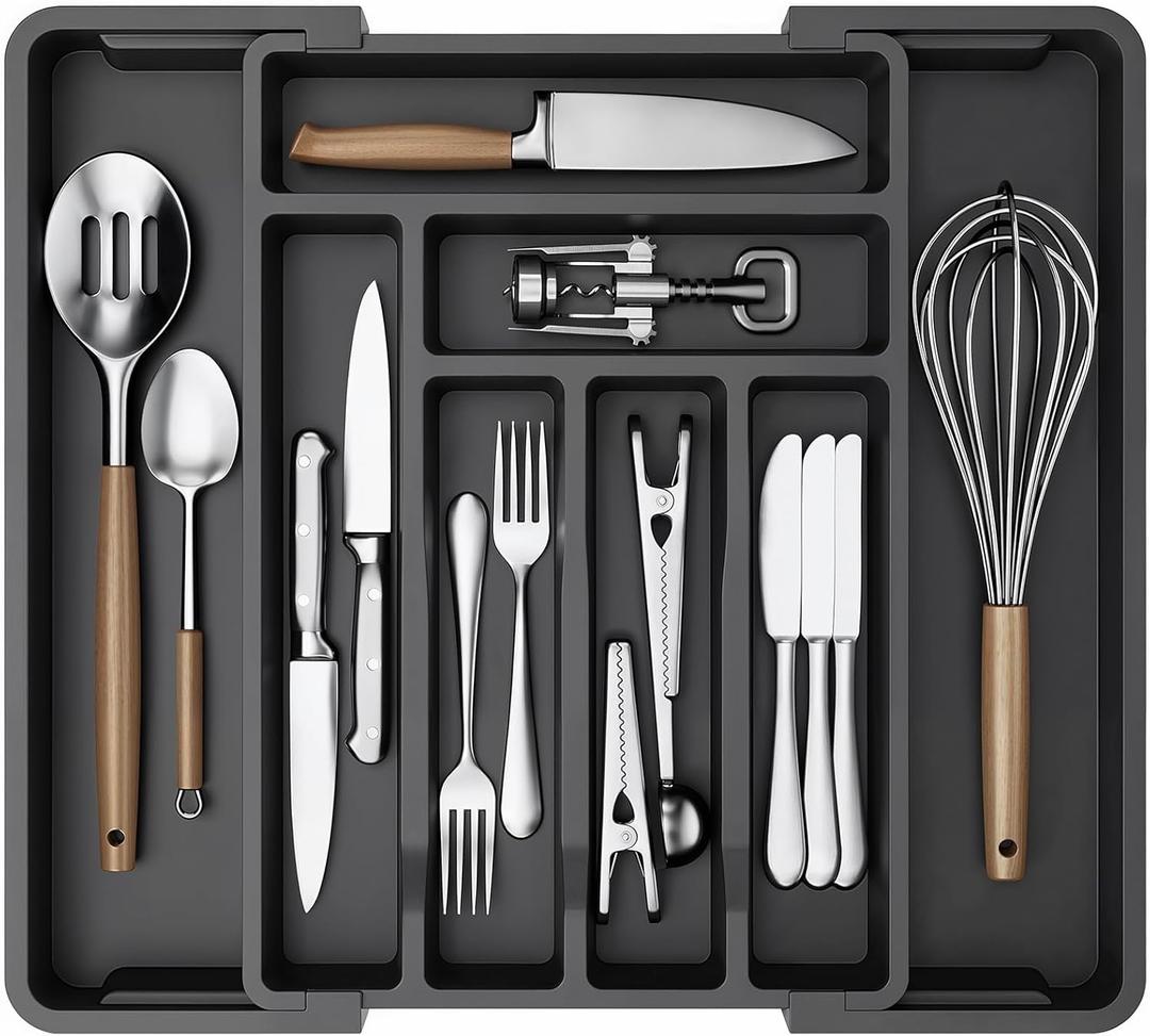 AMADA HOMEFURNISHING Expandable Silverware Drawer Organizer, Adjustable Utensil Tray For Kitchen Storage, BPA-Free Cutlery Holder for Spoons, Forks and Knives, Easy to Clean and Wash (Black)