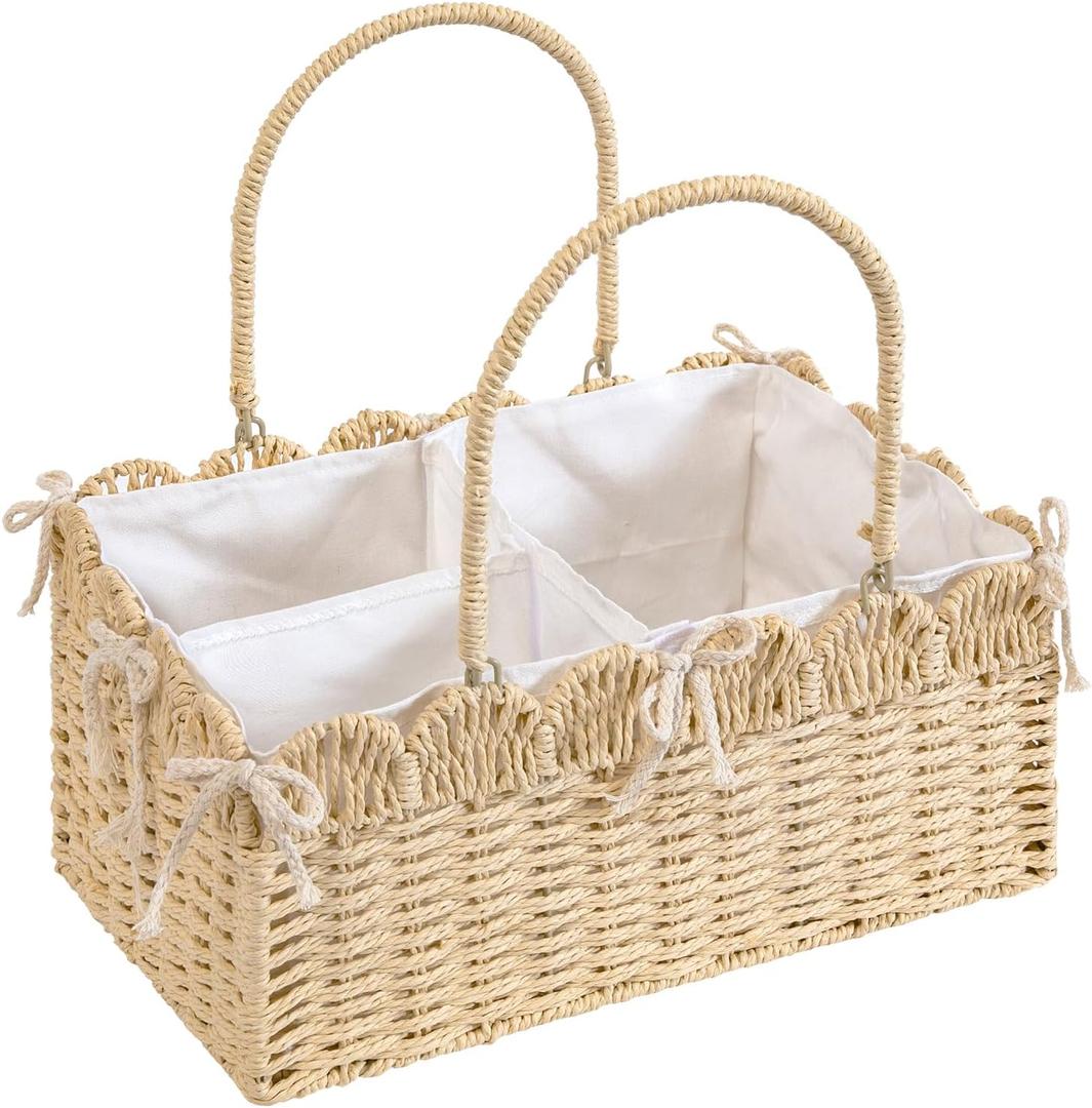 Large Baby Diaper Caddy, Brown Paper Rope Storage Basket with Handles, Portable Nursery Organizer with Removable Divider for Diapers, Wipes, Baby Essentials (Nature) (Beige)