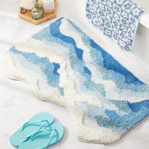 Blue Ocean Wave Bath Mat, Cute Funky Bathroom Rugs for Coastal Beach Nautical Themed Decor, Non-Slip Washable Accent Rug for Bedroom Kitchen, Trendy Tufted Shower Mats 31"x 21"
