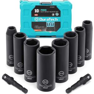 DURATECH 10-Piece 3/8" Drive 6 Point Deep Impact Socket Set, Including 8PCS Deep Impact Sockets in SAE Sizes (5/16", 3/8", 7/16", 1/2", 9/16", 5/8", 11/16", 3/4") & 2PCS 1/4" Hexagon Extension Bars