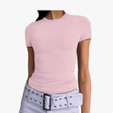 Dwnval Women Sexy Basic T Shirts Tops Summer Short Sleeve Crewneck Slim Fit Cute Crop Top Blouses, L