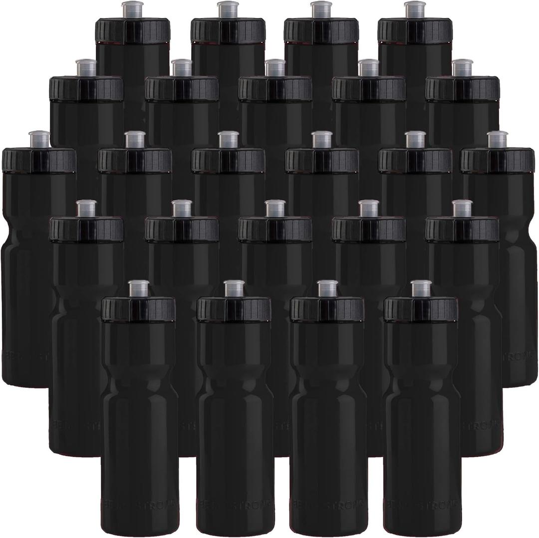 50 Strong Bulk Water Bottles | 24 Pack Sports Bottle | 22 oz. BPA-Free Easy Open with Pull Top Cap | Made in USA | Reusable Plastic Water Bottles for Adults & Kids | Top Rack Dishwasher Safe (Black)