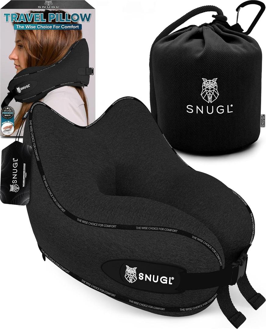 SNUGL Travel Pillow  Memory Foam Pillows - Airplane Neck Pillow with Carry Bag & Clip  Neck Support Travel Pillows - Airplane Essentials (Adult Regular - Black)