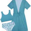 Enlifety 5-16T Girls 3 Piece Bikini Swimsuit Quick Dry Bathing Suit with Kimono Cover Up (11-12 Years, Green Daisy)