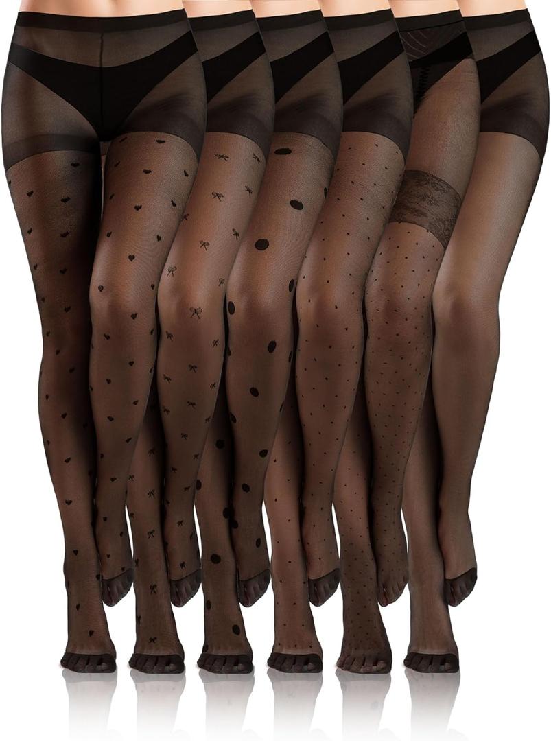 Fourluoo 6 Pairs Polka Dot Tights for Women 20D Sheer High Waist Pantyhose Patterned Stockings Party Daily Halloween, Size: Small