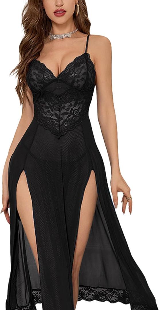 Sexy Split Mesh Lace Floral Sheer Babydoll Lingerie Outfit Dress 2 Piece with Thong Set (Long Black) XL