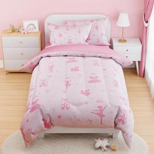 SANDJEST Ballerina Comforter Set Full Size 98x86in for Kids Girls, Microfiber 4 Pcs Bedding Set Includes 1 Comforter, 2 Pillowcases, 1 Fitted Sheet, Nursery Room Decor