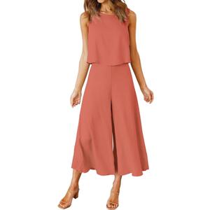 ROYLAMP Women's Summer 2 Piece Outfits Round Neck Crop Basic Top Cropped Wide Leg Pants Set Jumpsuits (Orange, M)