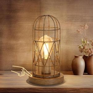 Touch Control Table Lamp for Small Spaces - 3 Way Dimmable Nightstand & Bedside Lamp for Bedroom & Living Room, Rustic Wood Cage Shade, Bulb Included