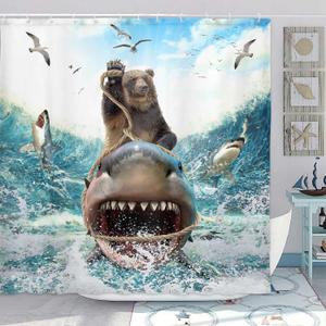 Funny Bear Shower Curtain, Cool Bear Riding Shark on Blue Ocean Shower Curtain, Farmhouse Navy Blue Beach Shower Curtain Set Kids with 12PCS Hooks, 70X70IN Waterproof Polyester Fabric