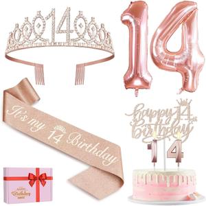 14th Birthday Decorations for Girls with 14th Birthday Sash and Tiara, Cake Topper and Candles, Number Balloons, Greeting Card, 14 Year Old Gifts for Girls