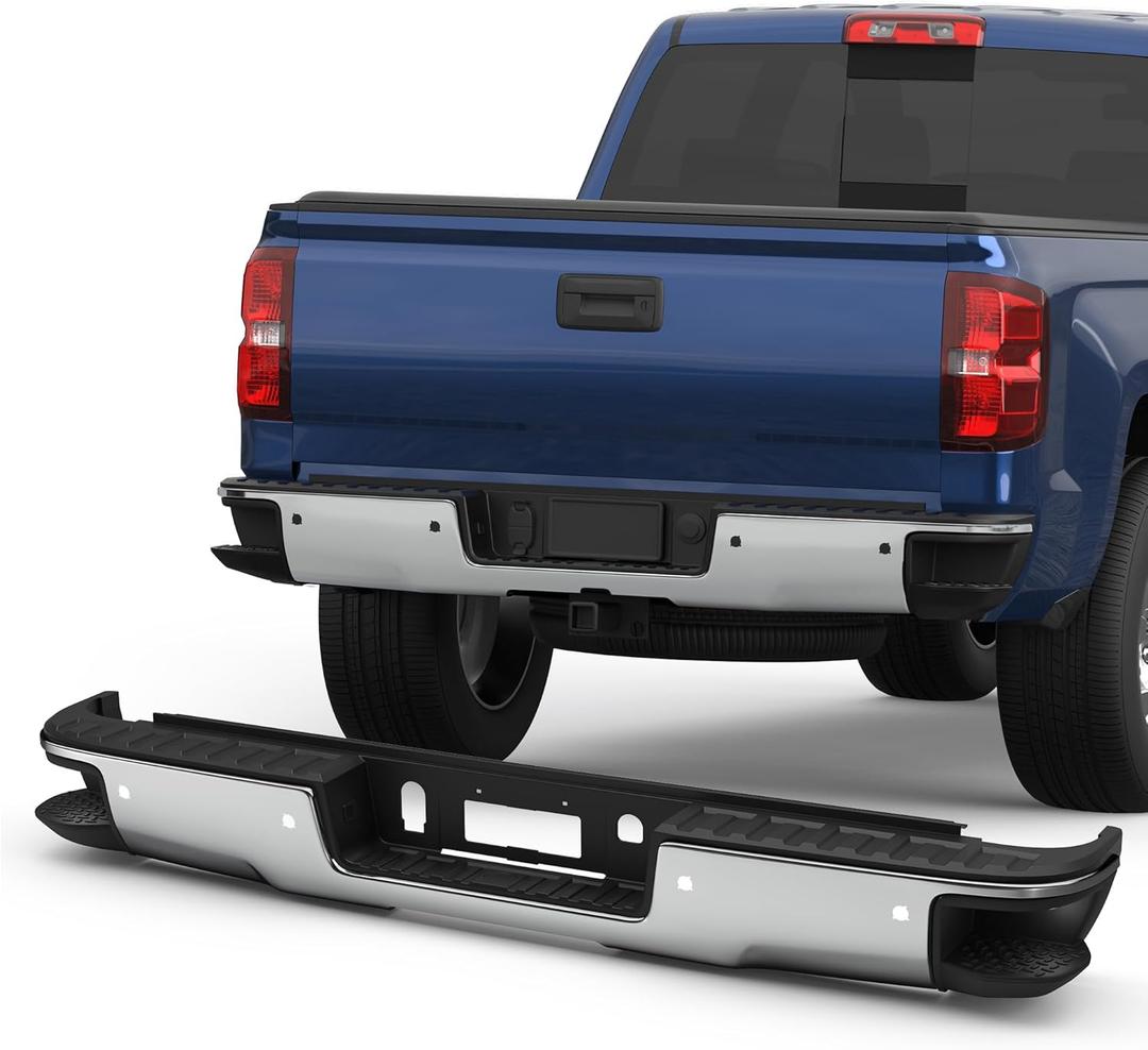 Rear Step Bumper Assembly Compatible for 2014-2018 Chevy Silverado/GMC Sierra 1500 Pickup W/Parking Sensor Holes Steel Complete Back Bumpers GM1103175 -Chrome