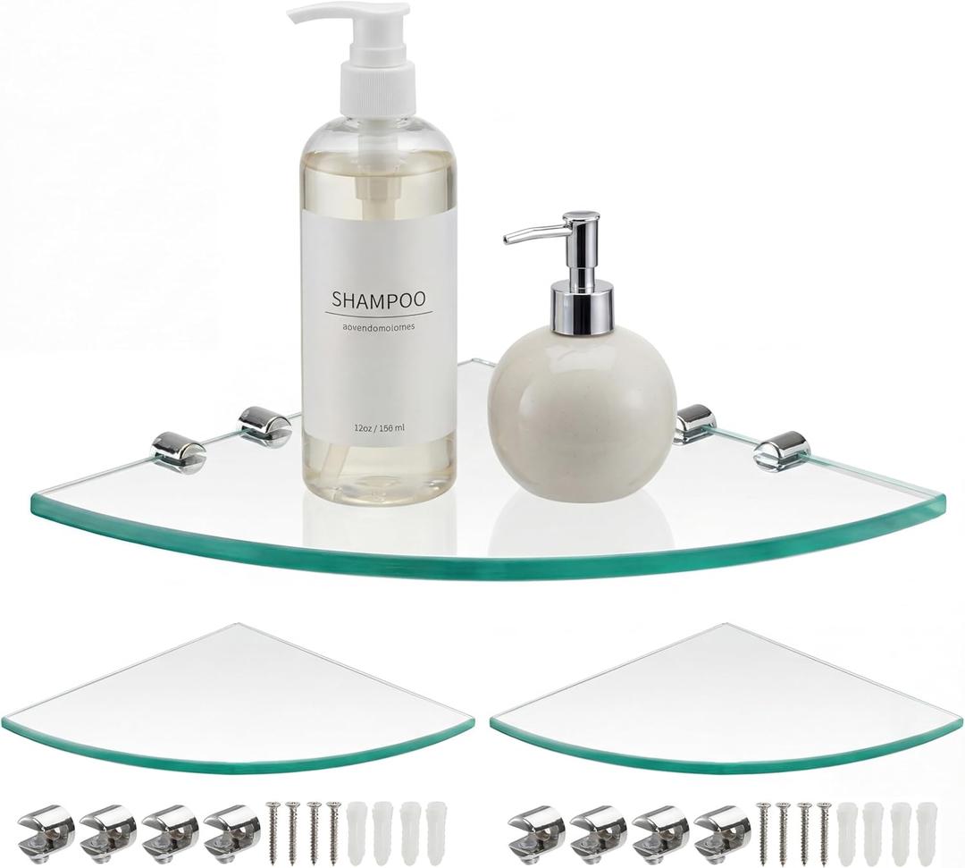 Kingrol 3 Pack Glass Bathroom Shower Shelves, Extra Thick Wall Mounted Shelves, Clear Floating Corner Shelves for Kitchen, Bathroom, Living Room, Office