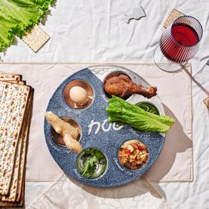 Rite Lite Starry Night Ceramic Seder Plate  Elegant Navy Blue & Silver Design with Hebrew & English Food Labels, 12" Handcrafted Plate for Passover Seder Table Decor, Premium Holiday Pesach Gift Idea