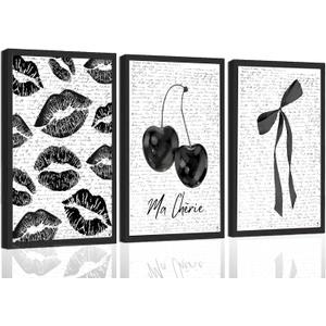 3Pcs Fashion Black White Lips And Cherry Canvas Wall Art Vintage Girl Funky Aesthetic Bow Wall Decor Ma Cherie Dark Coquette Posters Prints for Neutral Preppy Apartment Girl Room12x16in Unframed (poster, 12x16inx3pcs)