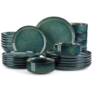vancasso Starry Plates and Bowls Sets for 6, 24 Pieces Dinnerware Sets, Green Reactive Glaze Dishes Sets for Kitchen, Scratch Resistant Stoneware Dishes Set, Dishwasher and Microwave Safe