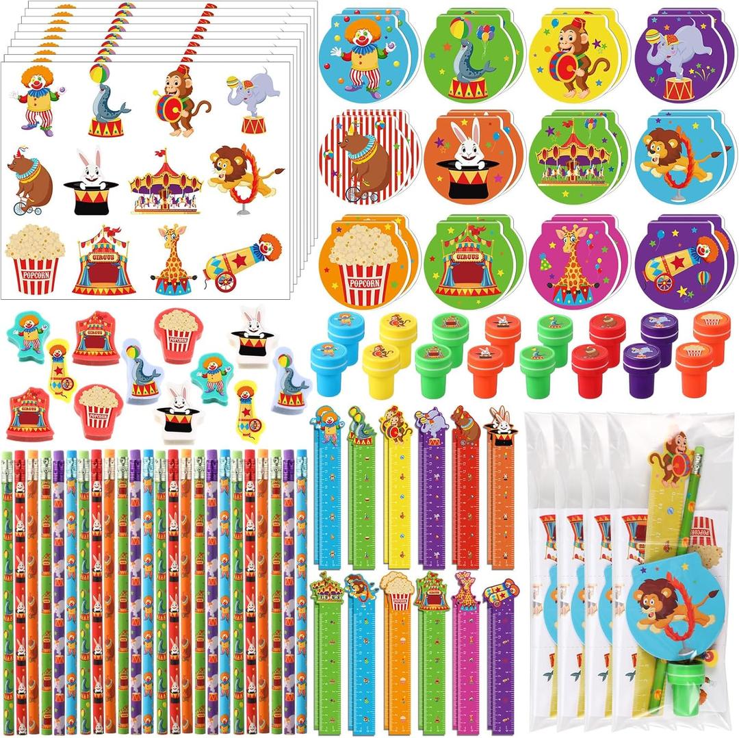 Cholemy 168 Pcs Circus Party Favors Carnival Party Supplies Circus Animal Stationery Set Notebook Sticker Stamper Eraser Ruler Pencil Bag for Carnival Baby Shower Birthday Gift Classroom Prize