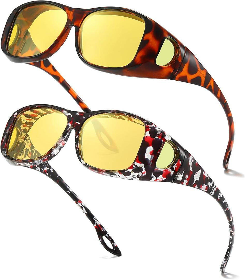 Myiaur 2 Pack Polarized Night Vision Glasses for Women, Fit Over Wrap Around Driving Glasses, Anti Glare and UV400 Protection