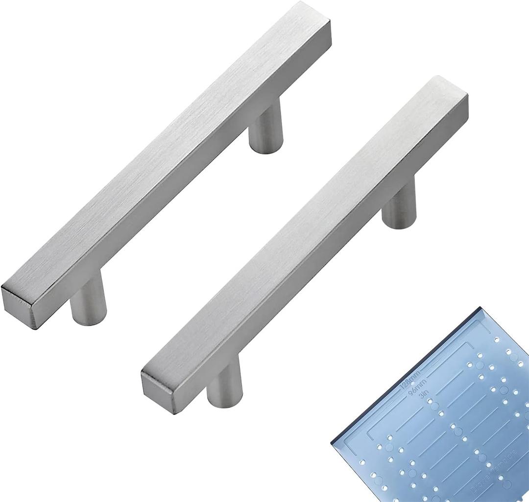Ravinte 30 Pack 4 Inch Cabinet Pulls Brushed Nickel Sqaure Kitchen Cabinet Handles Silver Cabinet Hardware Stainless Steel Drawer Pulls 6-2/5 Inch Overall Length with Mounting Template