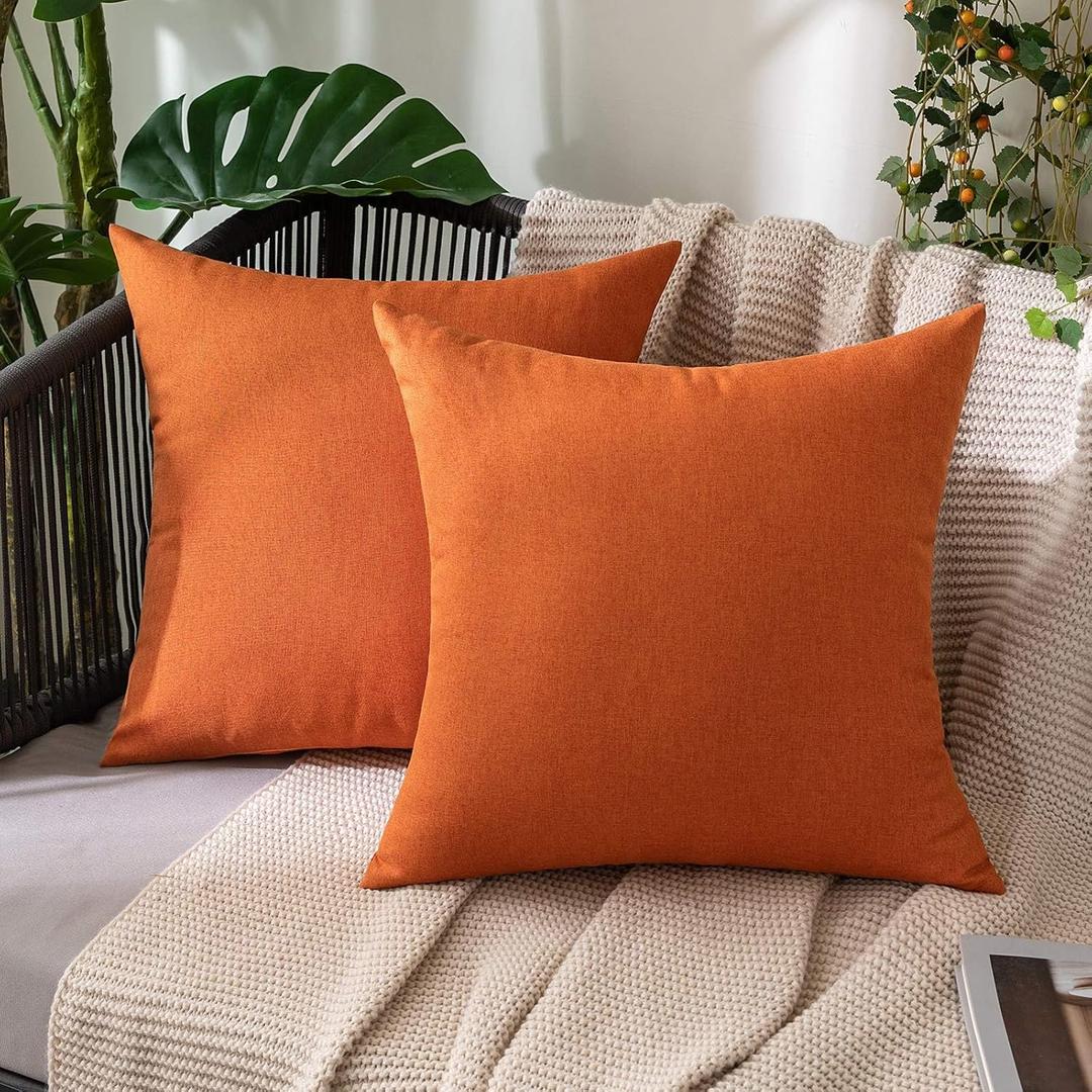 MIULEE Pack of 2 Decorative Outdoor Solid Waterproof Throw Pillow Covers Faux Linen Garden Farmhouse Cushion Cases for Summer Patio Tent Balcony Couch Sofa 12x12 Inch Orange