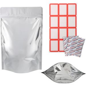 100 Pack 7 x 10 Inch Mylar Bags for Food Storage with Oxygen Absorbers 300CC(110Pcs) and Labels(120Pcs), 1 Quart Stand Up Resealable Mylar Bags(5mil Thickness)