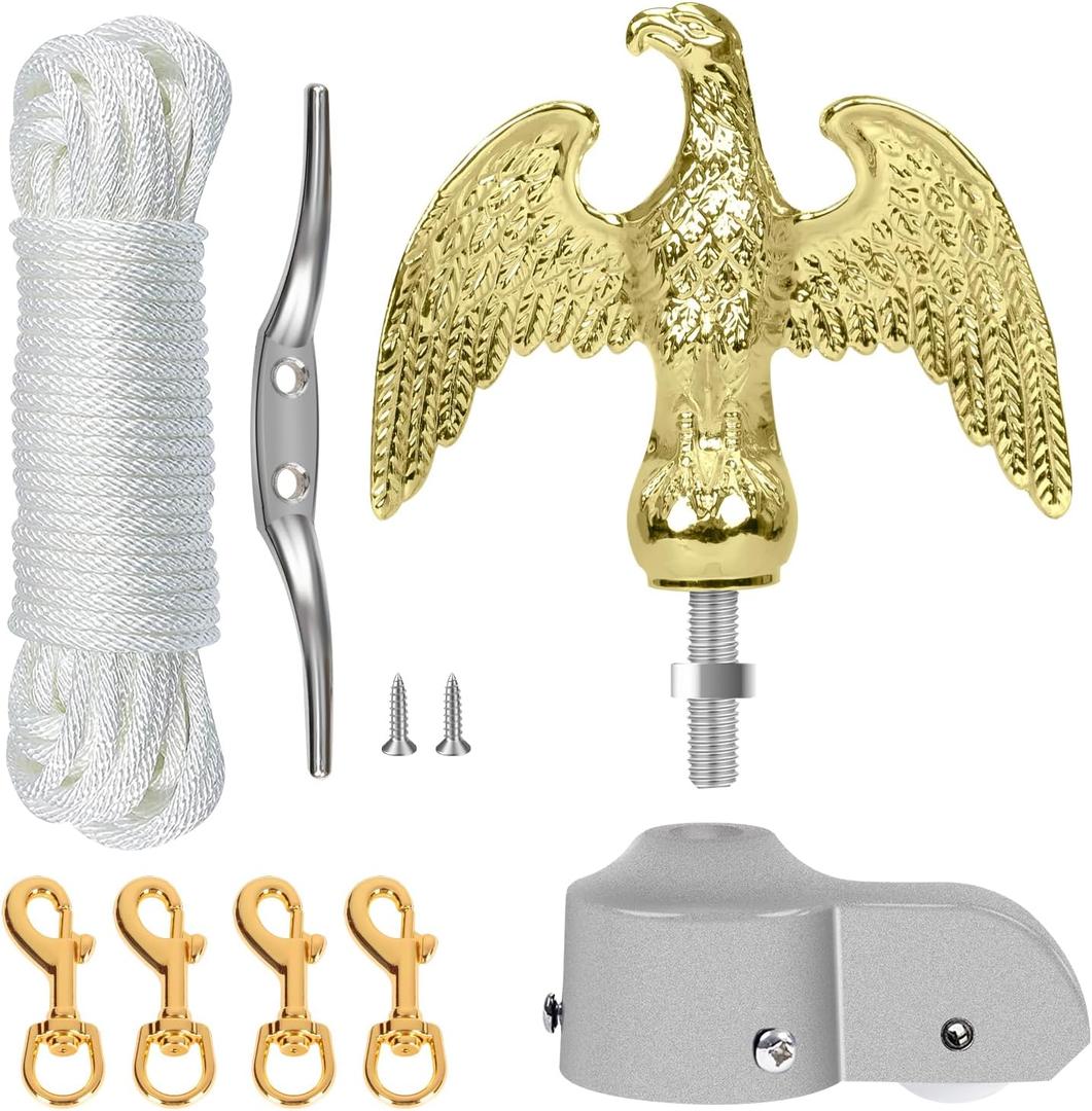 NQ Flagpole Hardware Repair Parts Kit,50FT Halyard Rope+7" Eagle Topper+6" Zinc Alloy Cleat+4 PCS Metal Swivel Snap Clips+Aluminum Alloy Flagpole Truck with Pulley for 1.6"-2" Flag Poles(Gold)