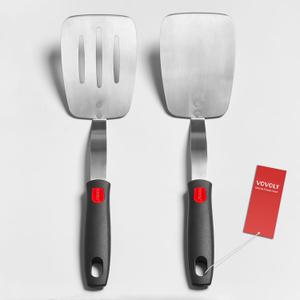 Stainless Steel Spatula Turner Set, 2-Pack_Black Handle for Kitchen Use,VOVOLY Heavy Duty Cooking Turners, Wide Blade with Beveled Edge, Heat Resistant Silicone Handle, Dishwasher Safe