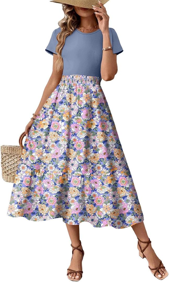 Dokotoo Women's Summer 2025 Maxi Dress Ruffle Short Sleeve Casual Floral Print Long Flowy Dresses (XL)