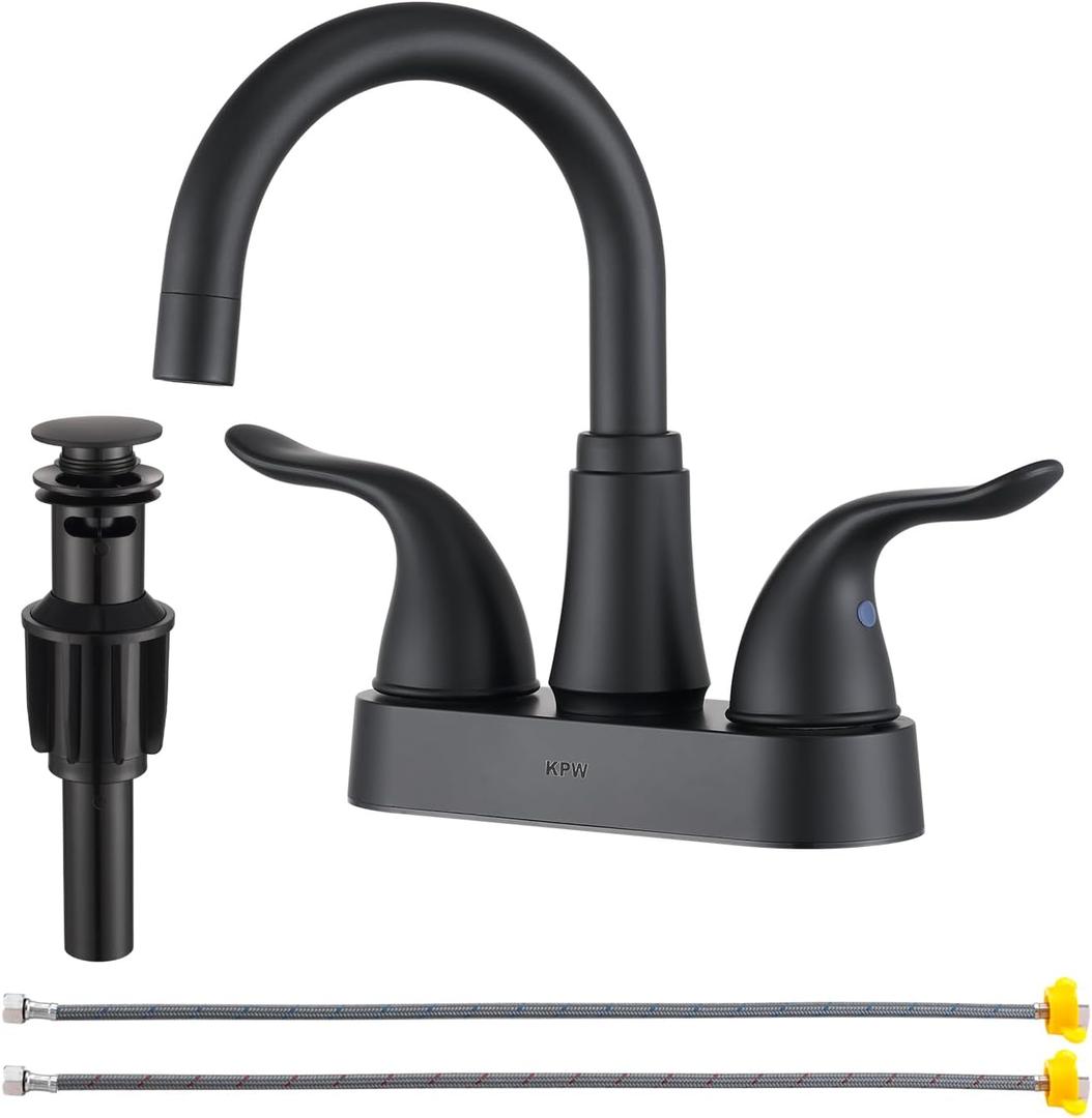 KPW Bathroom Sink Faucet 2 or 3 Hole Matte Black Centerset 4 Inch Bathroom Sink Faucet 2 Handle Plating Over ABS Plastic Non-Metallic Lavatory Bathroom Faucet with Pop-u Drain Water Supply Hoses