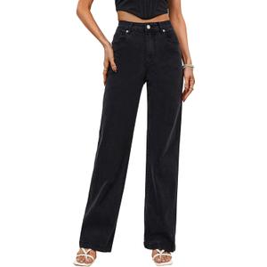 Tsher Womens High Waisted Jeans Stretchy Straight Leg Loose Fit Denim Pants Lightweight Tummy Control Trendy Jeans for Women (Black) Size: 2