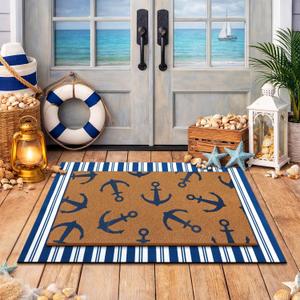 Drydiet 2 Pack Coastal Layered Doormat Set, Nautical Anchor Welcome Mat with Striped Outdoor Rug, Double Layer Front Porch Entryway Mats, Beach Summer Door House Mat, 23.6 x 35.4 & 16.9 x 28.7 Inch