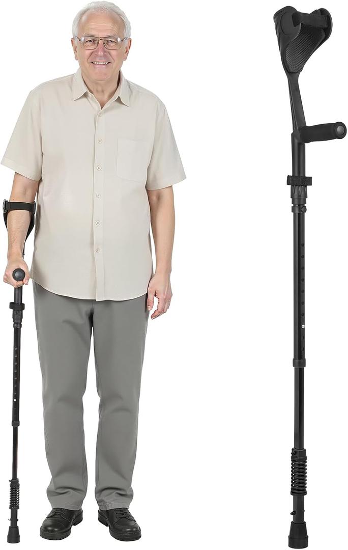 Ergonomic Forearm Crutches Spring Assist Crutches for Adults,Comfortable and Height Adjustable Arm Crutches Forearm with Anti-Slip Base,Walking Crutches with Cuffs, Not a Pair (Black)