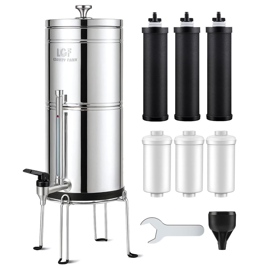 LCF 𝐒𝐢𝐥𝐯𝐞𝐫 𝐈𝐨𝐧𝐬 Enhanced Gravity Water Filter System, Reliable Alternative to Berkey Water Filter System, NSF/ANSI 42&372 Standard, Reduces 99% Chlorine, 6 Filters, Water Level Spigot, 3Gal