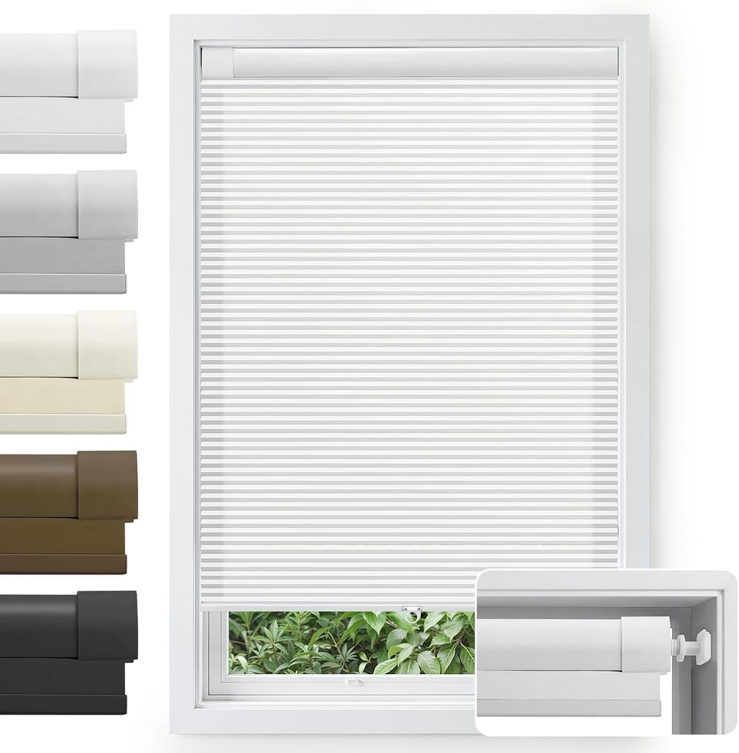Cordless Cellular Shades, No Tools No Drill Light Filtering Honeycomb Shades Pleated Blinds for Windows Double Curved No-Pull Honeycomb Shade Semi-Blackout (White, 36" W x 48" H)