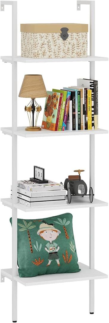 Ladder Shelf 4 Tiers Metal Industrial Bookshelf,White Wooden Tall Open Storage Rack and Display Shelves,Wall Mount Wide Bookcase for Home Office Bedroom,Small (1 PC 15.7IN)
