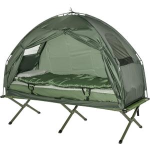 Outsunny Multifunctional Folding Camping Cots for Adults, Elevated Tent with Sleeping Bag, Thick Air Mattress Pad, Portable Single Sleeping Cot Camping Bed