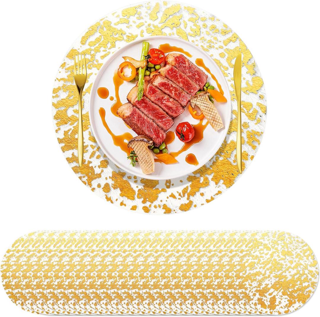 KesaPlan 100 PCS Disposable Gold Placemats Set, 13" Metallic Round Doilies for Tables, Gold Foil Mesh Pressed String Table Mats, Thin Mesh Decorative Doilies for Wedding, Holiday, Party, Christmas (Gold Foil-100pcs)