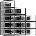 SEE SPRING X-Large Black Modern Plastic Shoe Box, 12 Pack, Clear Front Door, Stackable, Foldable, Ventilated, Fits US Size 11, 13.2''L9.1''W7.3''H Inch, 655.65 Cubic Inches, Already Assembled