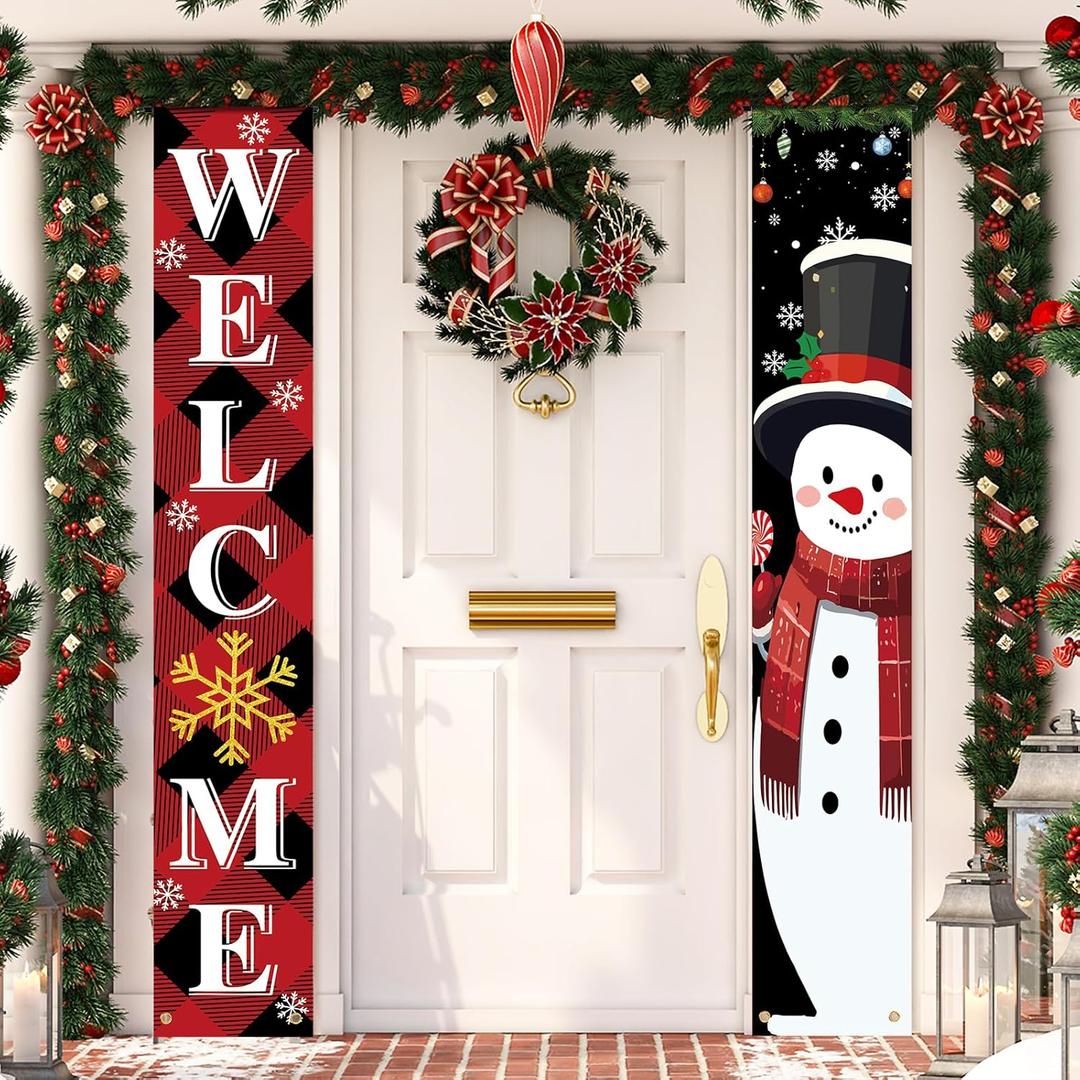 Christmas Decoration Merry Christmas Door Banner Porch Signs Welcome Banner for Home Holiday Winter Xmas Santa Backdrop Hanging Decor Yard Sign for Front Door Wall Cover Party Supplies Outdoor Indoor (Snowman)