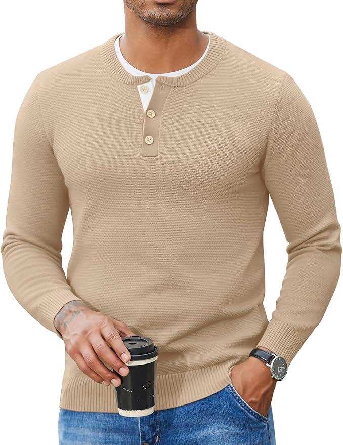 COOFANDY Men's Henley Sweater Long Sleeve Textured Pullover Sweaters Casual Button Crewneck Knit Sweater
 L