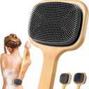 Back Scrubber for Shower, 21.65'' Long Handle Double-Sided Silicone Shower Bath Brush, Bamboo Body Exfoliator for Bath/Dry Brush/Massage/Back Scratching, Gift for Elderly