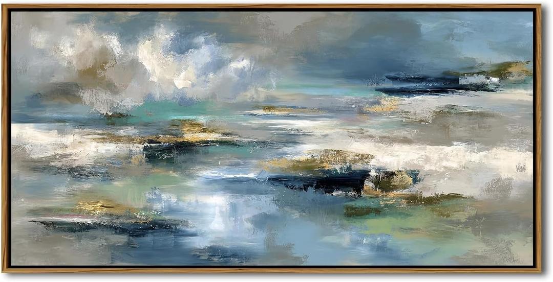 Abstract Framed Canvas Wall Art Modern Abstract Ocean Wall Decor Abstract Blue Green Seascape Painting with Gold Accents Coastal Contemporary Artwork Living Room Bathroom Office Home Decoration 20x40