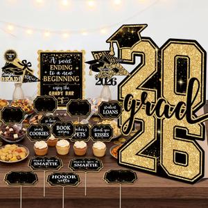 2026 Graduation Candy Buffet Decorations, Black Gold Graduation Candy Bar Signs and Food Labels Set with 2026 Cardstock Standee for Grad Party Dessert Table