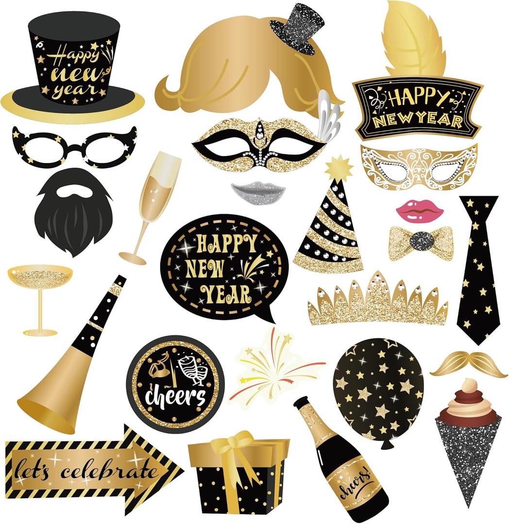 2026 Photo Booth Props with Sticks, New Year Eve Photo Booth Props,New Years of 2026 Selfie Props,New Years Decorations 2026(25CT)
