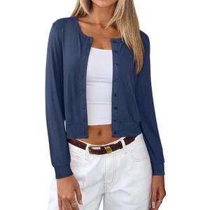 REORIA Womens 2025 Fall Fashion Lightweight Long Sleeve Button Down Casual Wool Blend Cardigan Sweaters (Blue)