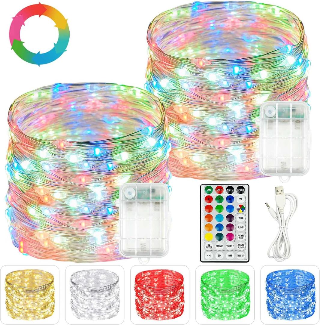 2 Pack Christmas Fairy Lights Battery Operated, 20FT 60LED RGB Color Changing String Lights, Indoor & Outdoor Twinkle Light with Timer and Remote for Bedroom Wedding Birthday Christmas Decorations